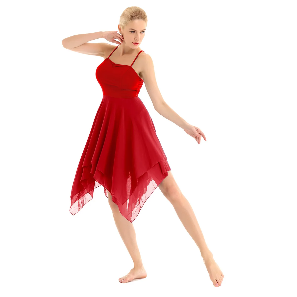 Iiniim/Асимметричный шифоновый Танцевальный Костюм Балерины на бретельках для взрослых; гимнастический купальник для женщин; танцевальная одежда - Цвет: Red