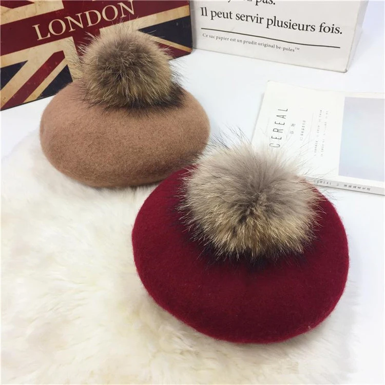 2018 Hat Female Autumn And Winter New Woolen Beret Raccoon Hair Ball Painter Hat Wild Fashion Cap For Women ACI102 (4)