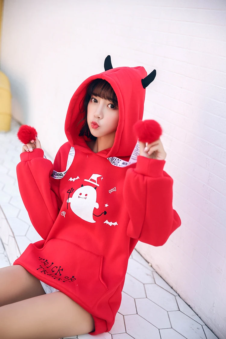 Японская девушка Маленький Дьявол Рога Готический толстовки с капюшоном для женщин Осень Harajuku Свободные Плюшевые толстовки пуловеры в стиле Лолиты Топы