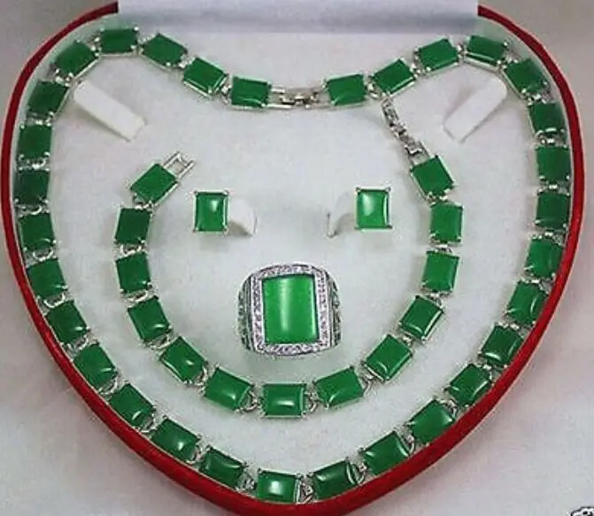 

Beautiful green jade necklace bracelet earring ring Jewellery set size 9-11# AAA style 100% Natural jade Noble Fine jewe