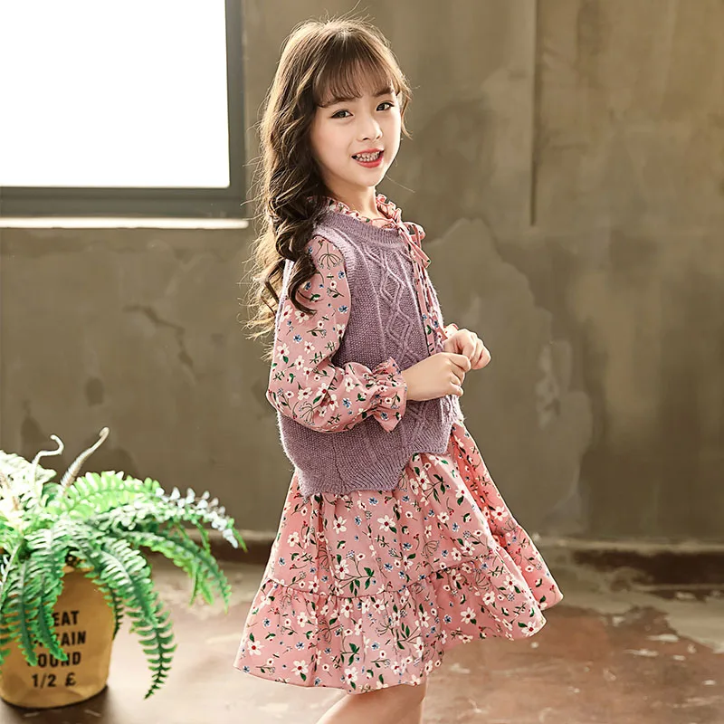 

2pcs/set Girls Floral Dress Long Sleeve Princess Little Girls Dresses 3 To 7 Years Knit Girl A-Line Kids Dress for Girls Clothes