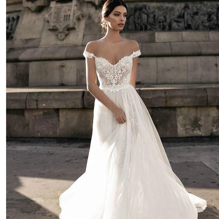 

Sheer Bohemian Wedding Dresses Off the Shoulder Lace Tulle Sweep Train Backless Bridal Gowns Long vestido de novia