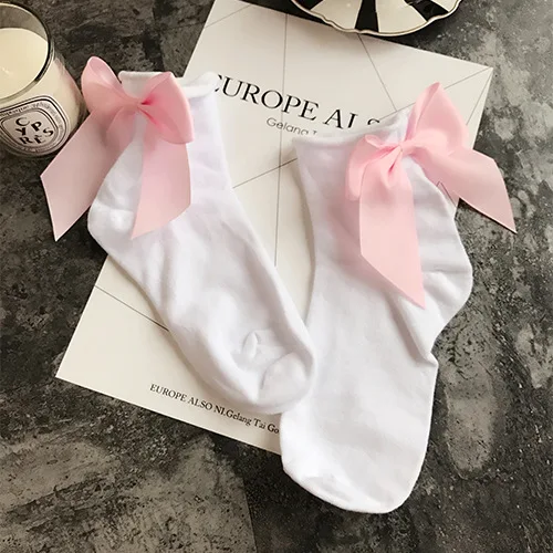 Милые короткие носки из хлопка с большим бантом на пятке; сезон зима-осень-весна; женские короткие носки; Chaussette - Цвет: Bow Socks white pink