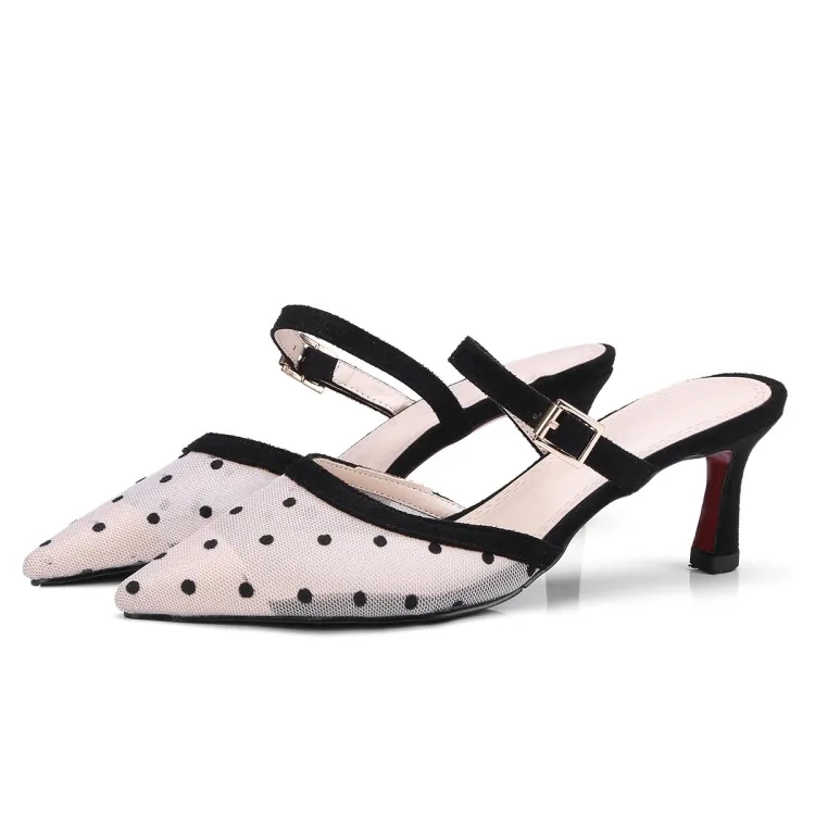 2018 Summer Elegant Lace Mesh Sandals Polka Dot Pointed Toe Gladiator Shoes Woman High Heels Big Size 34-43 Strap Footwear Woman (9)