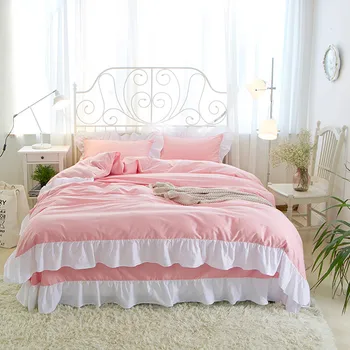 

Korean style bedding set solid color duvet cover ruffle bed sheet princess twin queen king double size bedroom textile 4pcs/set