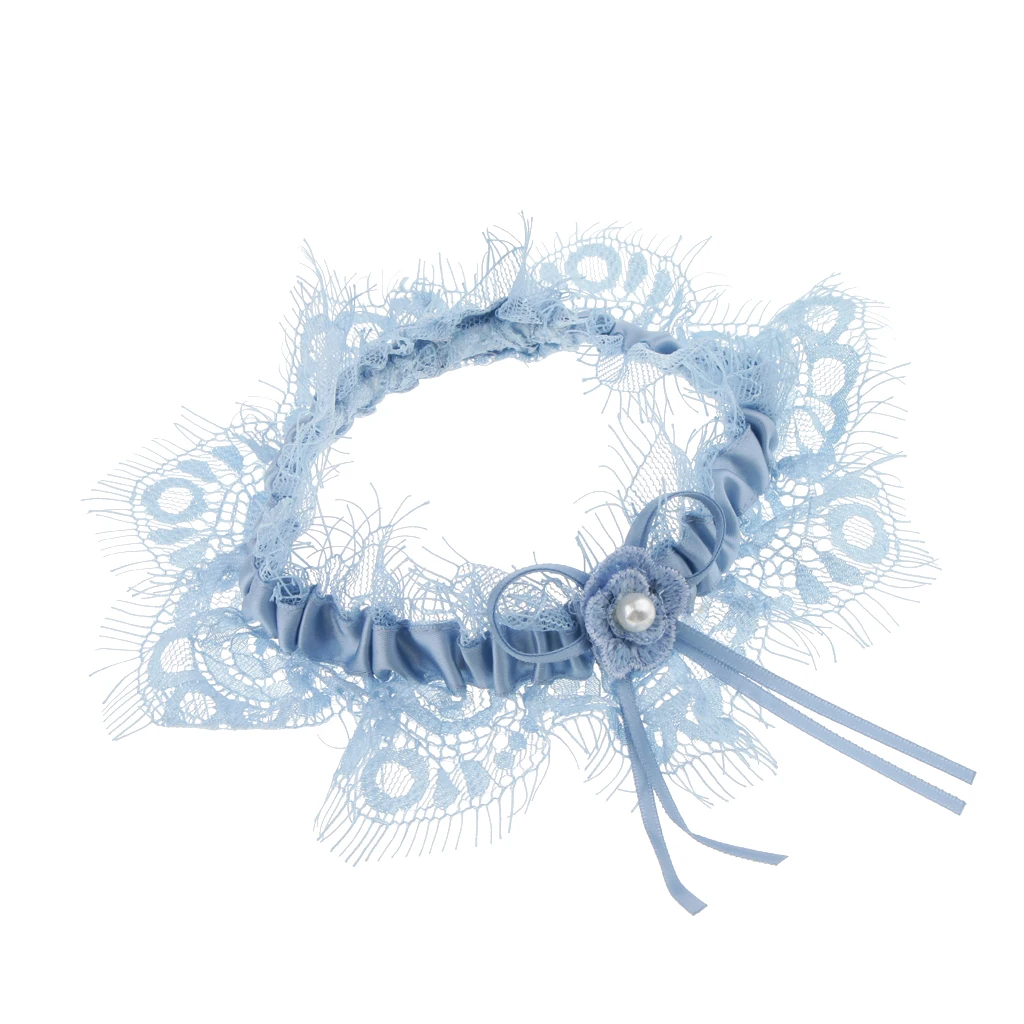 Elegant Wedding Bridal Lace Pearls Garter w/ Bow Knot Trim Bride to Me Hen Night Party Theme Dress Wedding Party Decor Blue 