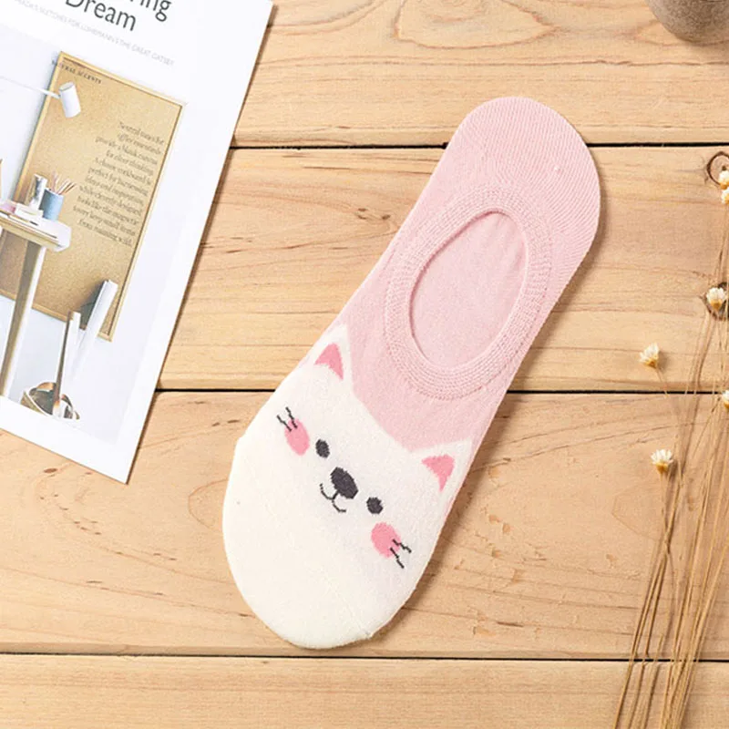 Women's Sweet Cartoon Printed Boat Socks 5Pairs-Pink