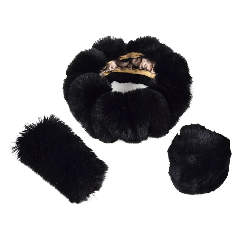 

H2CNC Universal 14"-15" Auto Car Steering Wheel Cover Brake Shifter Knob Grip Lever Cover Set Long Plush Wool Fur Coat
