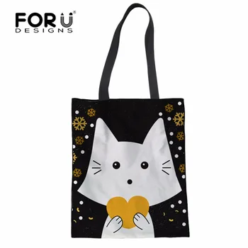 

FORUDESIGNS Canvas Tote Casual Beach Bags Large Capacity Foldable Cartoon Bags Reusable Eco-friendly Supermarket Shopping Bag