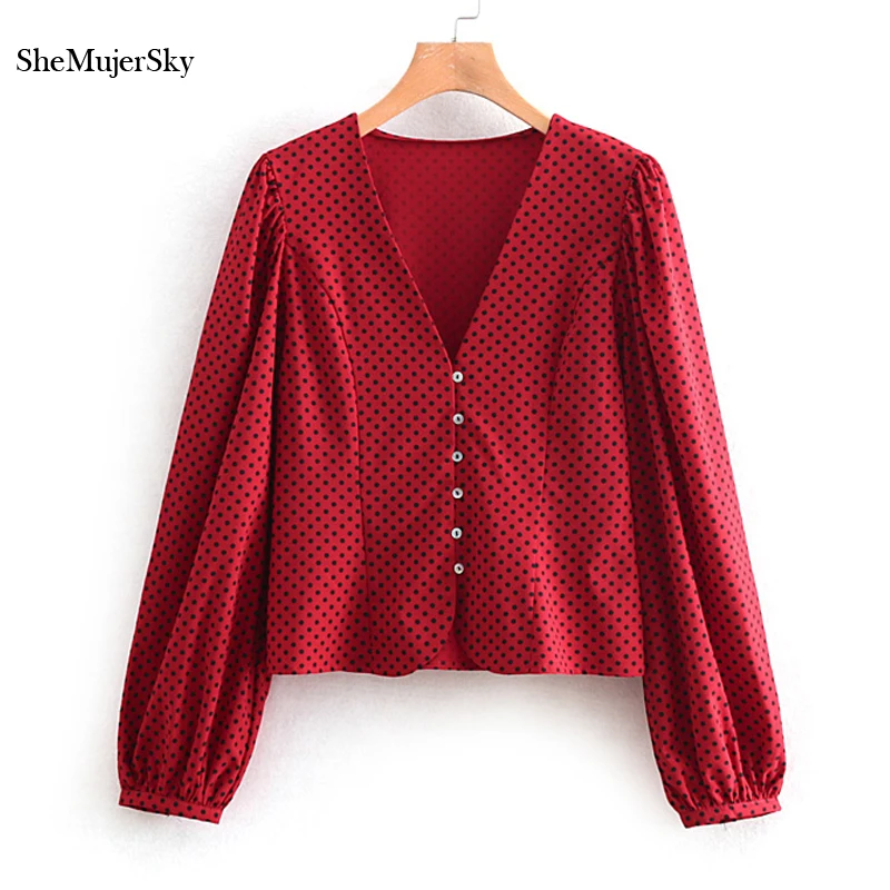 

SheMujerSky Red Blouse Women Polka Dot Print Shirts Long Sleeve V-neck Ladies Tops blusas mujer de moda 2019