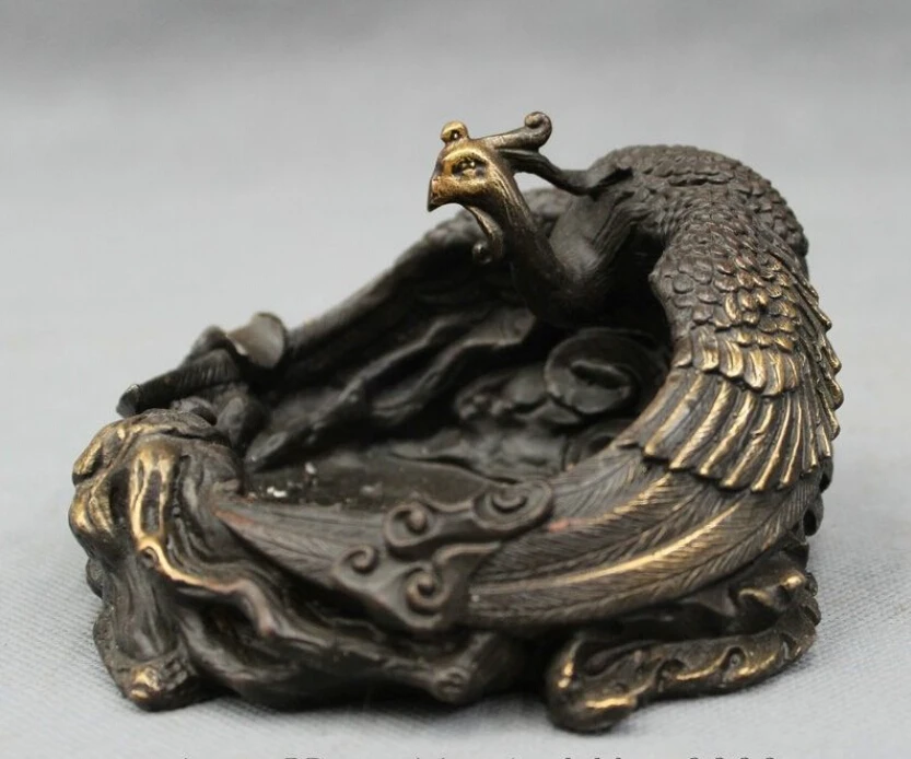 

Folk Chinese Pure Bronze FengShui Wealth Bird Phoenix Peacock Statue Ashtray