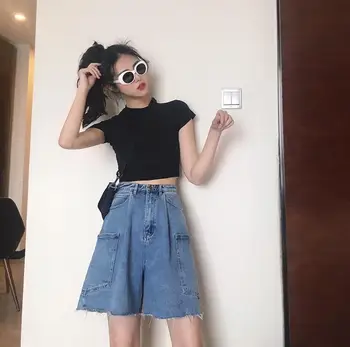 

Summer solid color high waist loose denim shorts