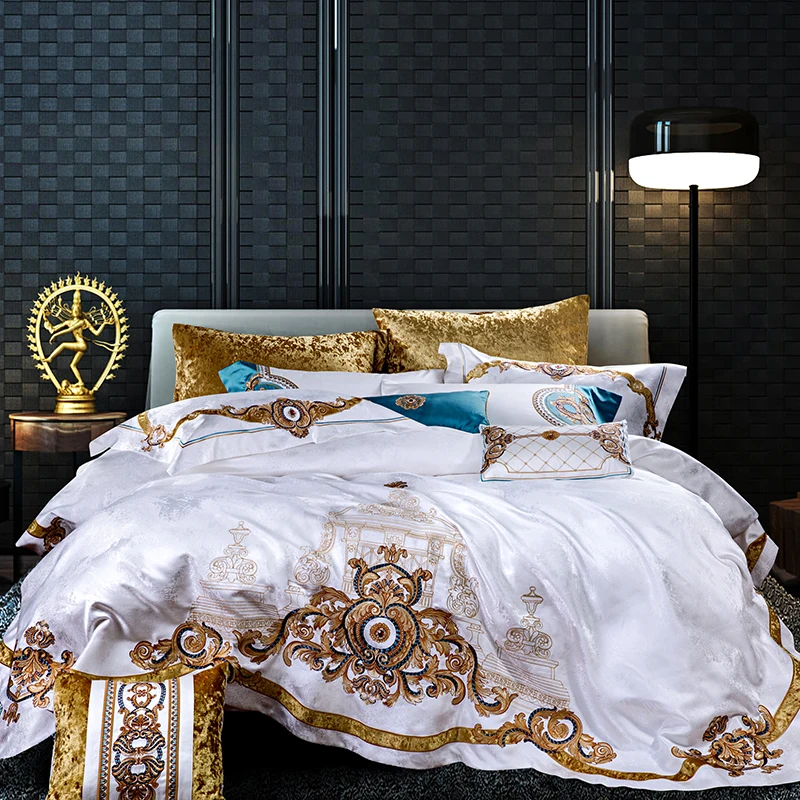 Waliicorners 4/6/9pcs Luxury 100S Cotton Bedding Set Duvet Cover Sheet Pillowcase King Queen Size White Linen 10 _H8A623zzz7