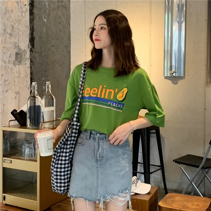 

Women's T-shirts Harajuku Ulzzang Student Ulzzang Loose Ins Letter Avocado Print T-shirt Lady Kawaii Ins Tshirt For Women Casual