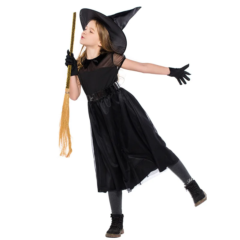 H& ZY/Детский костюм ведьмы карнавальный костюм на Хэллоуин для девочек, черный сетчатый Карнавальный Костюм Платье ведьмы с шапкой и поясом