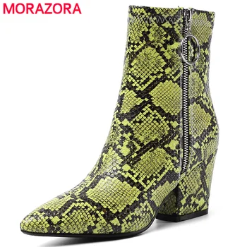 

MORAZORA Plus size 34-43 New women boots thick high heels zipper snake printing leather boots autumn winter ankle boots female