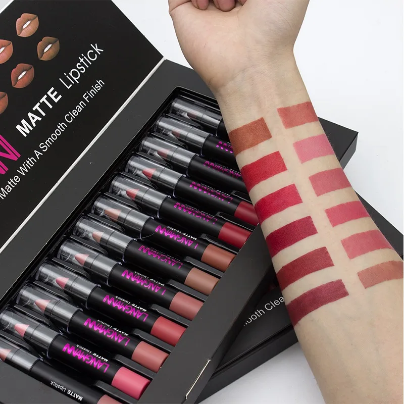 

Langmanni 12pcs/set Lipstick Pen Set Waterproof Matte Lip Stick Velvet 12 Colors Sexy Red Brown Pigments Makeup Matte Beauty Lip
