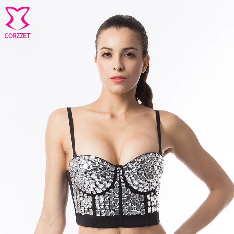 Unique Studded Rhinestone Gaga Bustier Diamond Push Up Night Club