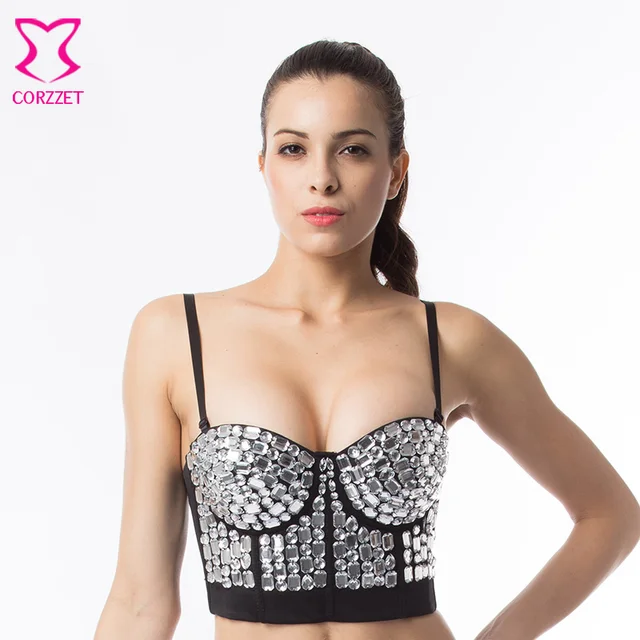Unique Studded Rhinestone Gaga Bustier Diamond Push Up Night Club