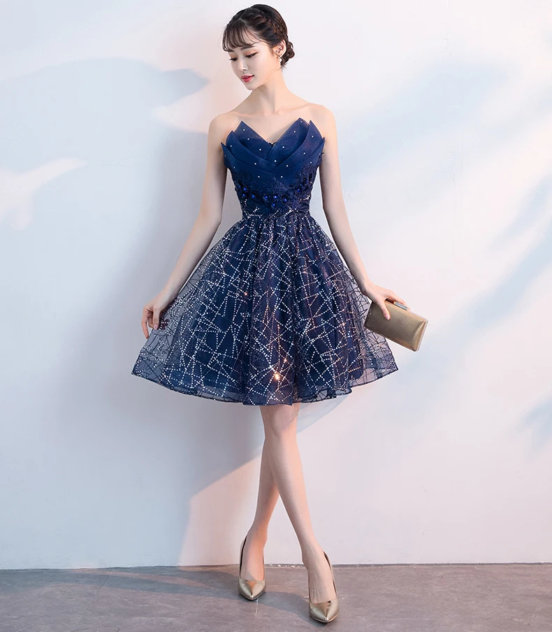 Короткое вечернее платье YIDINZGS темно-синего цвета с блестками и плиссированным v-образным вырезом Формальное вечернее платье