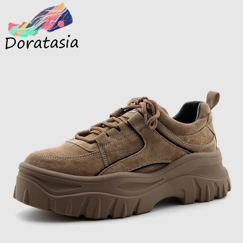 

DORATASIA 2019 New Fashion Retro Pig Suede Dad Shoes Woman 2019 Thick Platform Sneakers Genuine Leather Girl High Shoes Woman