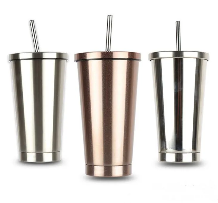 20pcs 500ml 17oz Fashion Coffee Straws Cups Stainless Steel Double Wall Beer Vacuum flask Travel