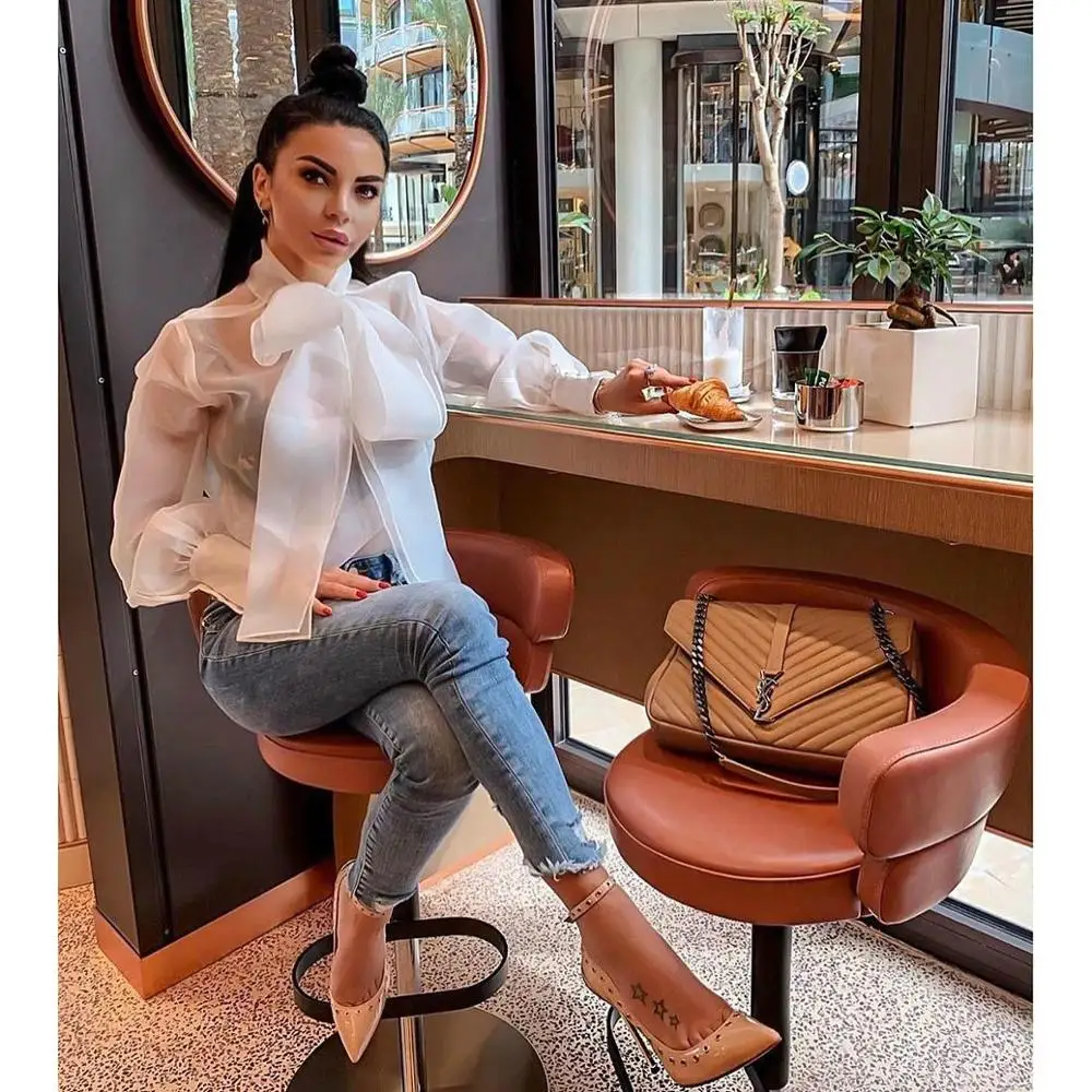 Echoine Women Loose Organza Chiffon Blouse Bow Tie Strap Stand Collar Puff Sleeve Shirt Ladies Soild Color Autumn Elegant Shirt