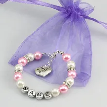 New name Personalised Girl baby Birthday Christmas Gift Charm name Bracelet with bag-light pink
