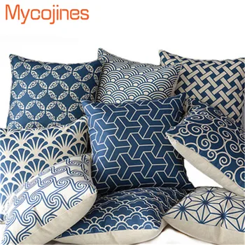 

18" Square Cushion Cover Blue line wavy ripples Throw Pillows cotton linen pillow cover soft car office Decorative Pillowcase