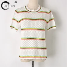 ORDEESON футболка в полоску Топ Футболка женские летние топы корейский Вязание Kawaii Повседневная футболка женская одежда белый