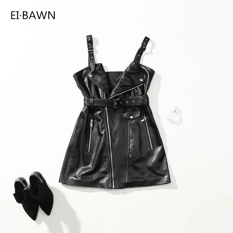 

2019 New Autumn dress women Black strap zipper cool dress high waist sexy&club mini short leather clothes Korean Style