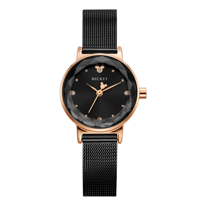 Дисней женские часы модные кварцевые часы роскошные часы Микки Маус женские из нержавеющей стали ins - Цвет: Черный
