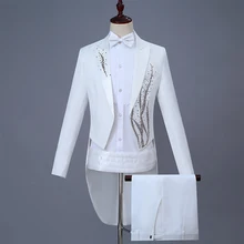 Пиджак+ брюки+ пояс+ Бант) мужские свадебные костюмы для жениха, приталенные костюмы с бриллиантами, сценический костюм певец и ведущий хор, смокинг белый