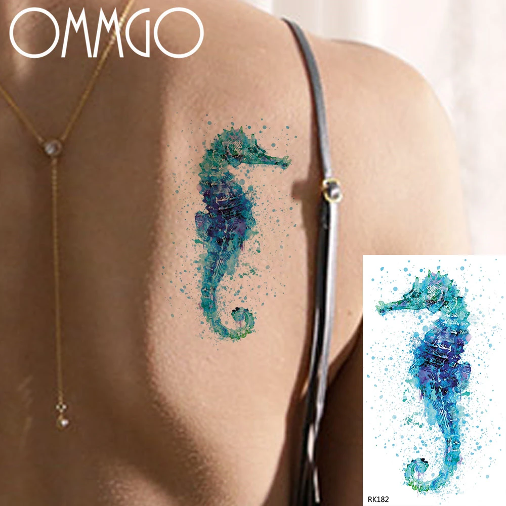 Ommgo 水彩タツノオトシゴ入れ墨のステッカー子供海馬タトゥー海底海偽入れ墨ボディー女性 Temporary Tattoos Aliexpress