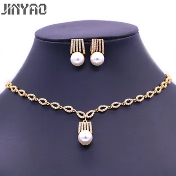 

JINYAO Fashion AAA Zircon & Pearl Yellow Gold Color Necklace Earrings Set For Women Wedding Party indian Jewelry Valentine's Day
