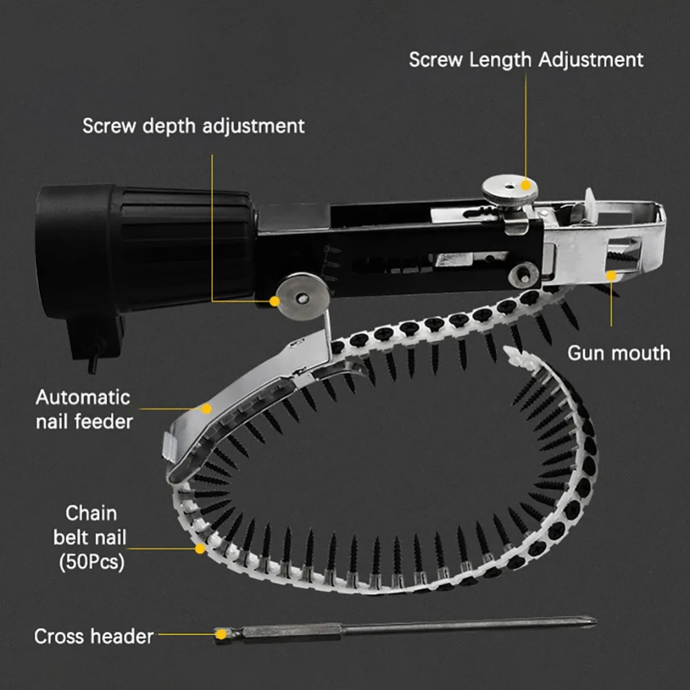 Цепной гвоздь пистолет адаптер автоматический винт Спайк электрическая дрель деревообрабатывающий инструмент Электрический автоматический цепной ремень гвоздь винтовой пистолет стяжка
