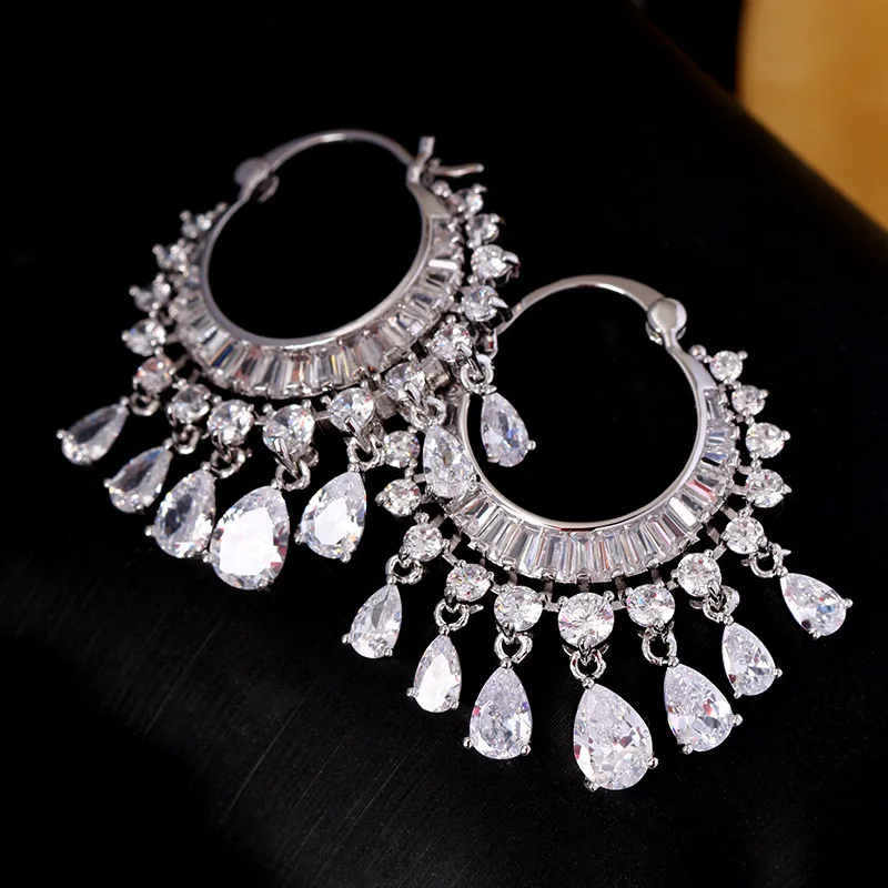 

NEW cubic zircon elegant party bridal waterdrop tassel dangle earrings dazzling wedding jewelry accessory
