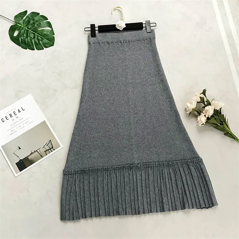 

MAXDIROO Women Autumn Winter Knitted Pleated Midi Skirt Korean Style Empire Warm And Fashion Flowing Ruffle Skirts