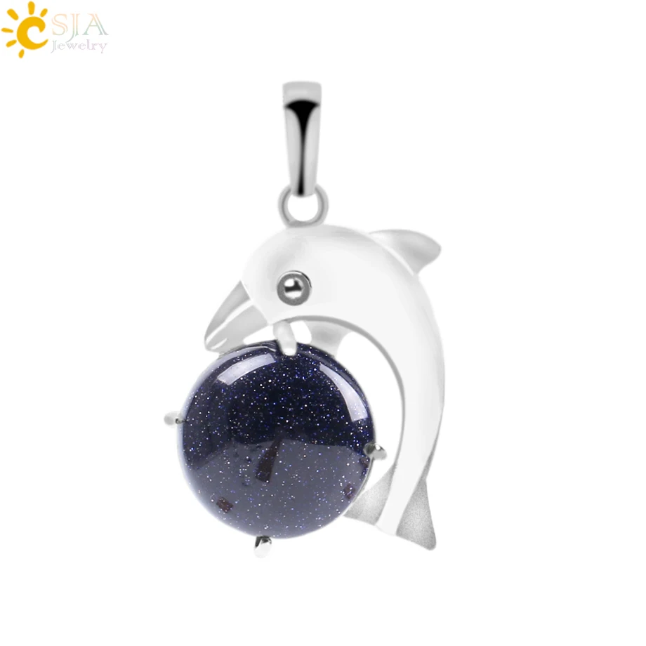CSJA Дельфин ожерелья в виде животных подвески для девочек чакра рейки лазурит натуральный Круглый драгоценный камень бусины ручной работы ювелирные изделия F096 - Окраска металла: Blue Sand