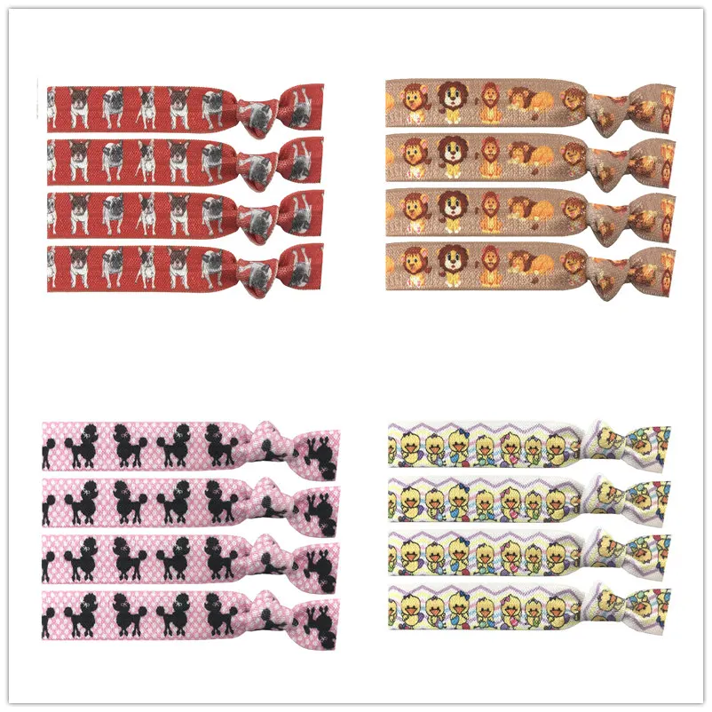 

4 Colors 40pcs Bulldog Lion Chicken Poodle Animal Prints Hair Band Knotted Hair Tie Bracelet Bangle Ponytail Hair Accessories