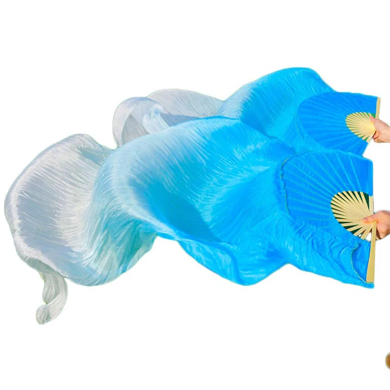 

High selling 100% Real Silk Veils 1 Pair handmade dyed silk belly dance props fans dance Turquoise+Light turquoise+White 5 Sizes