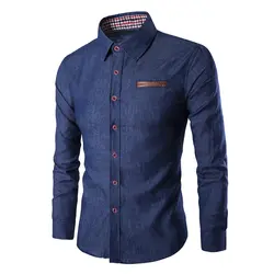 2018 Модные осенние мужские рубашки с длинным рукавом синие джинсы Бизнес Повседневное рубашки тонкий мужской отложным воротником рубашки
