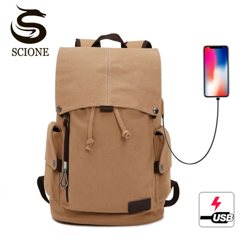 

Scione Canvas Laptop Travel Backpack Men USB Charging School Drawstring Shoulder Bags Large Capacity Vintage School Bagpack