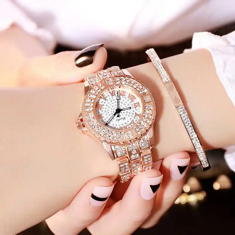 Золотые/серебряные/розовые Модные кварцевые круглые женские часы с мерцающими диоитами с ремешком на запястье - Цвет: pink