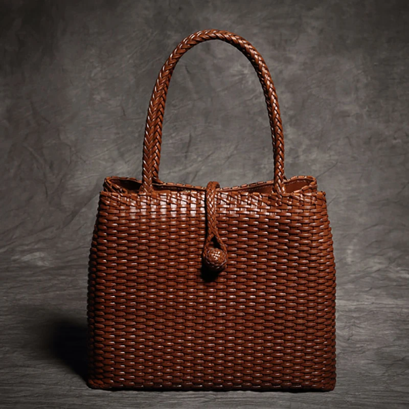 

Casual Lady Tote High Capacity Handmade Genuine Leather Top-handle Bags Woven Pattern Leather Handbag Women Summer Trave Bag