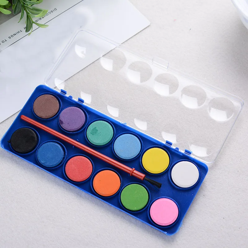 

12 Colors Solid Watercolor Paints for Drawing Paint Box with Paintbrush Bright Color Portable Sketch Color Art Supplies Pigment
