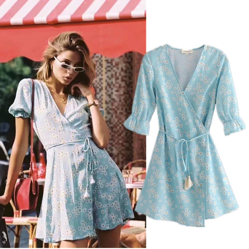 

2019 Mini summer Elegant dress women Sexy v-neck print floral party dress female short A-line casual Beach Sund dress