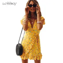 Lossky женское свободное платье с коротким рукавом, v-образным вырезом и оборками, повседневное летнее шифоновое платье желтого цвета, пляжные Элегантные мини платья vestido