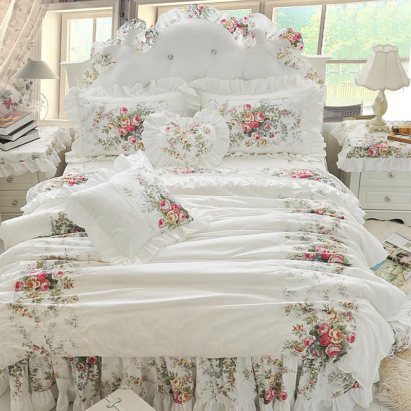 

4/6/8 Pcs Luxury 100% Cotton Wedding Bedding Set King Queen Twin Size Boho duvet cover set Bed skirt set Pillowcases/Shams