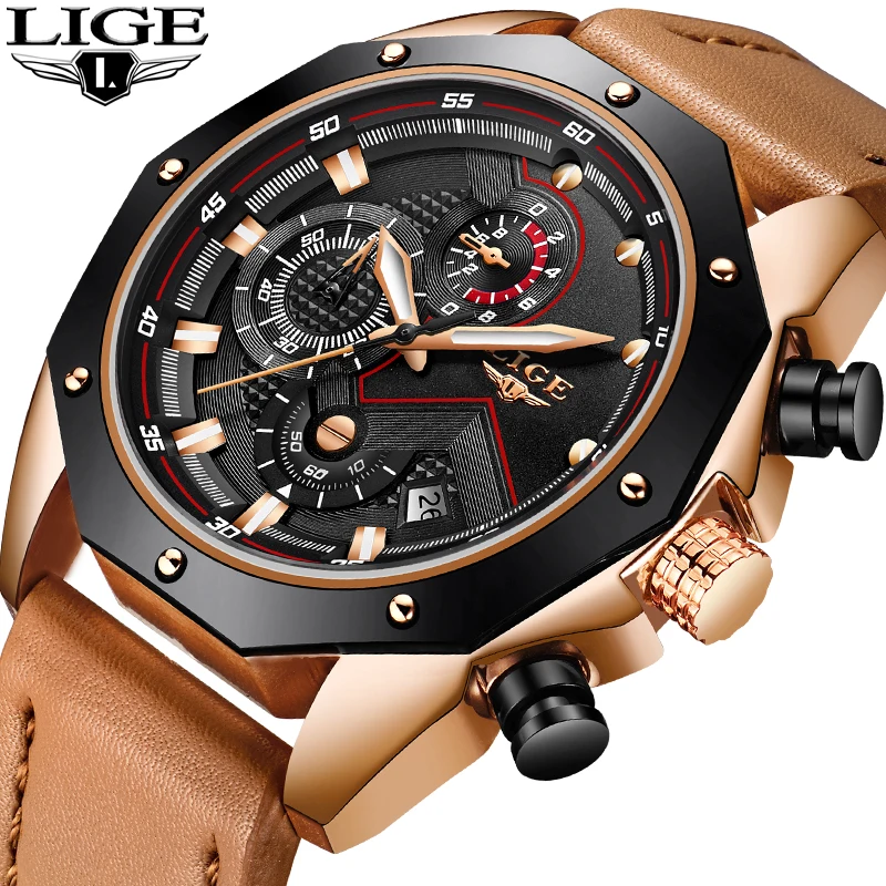 

2018 New LIGE Men Watches Top Brand Luxury Leather Chronograph Fashion Quartz Watch Men Waterproof Sport Watch Relogio Masculino